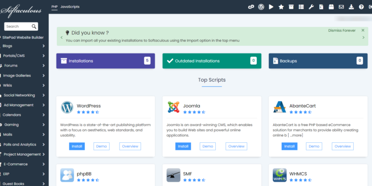Installation de Softaculous